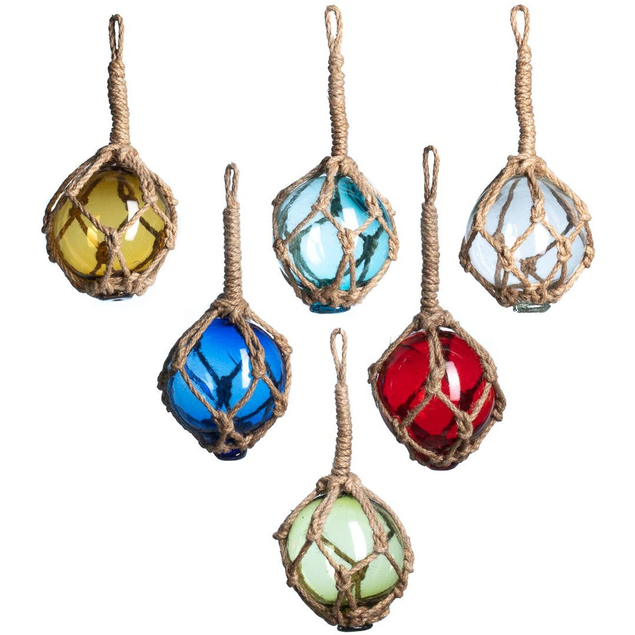 Glass Fishing Floats, 3" Multicolor, 6 Pack, Japanese Glass Buoys with Rope for Decoration